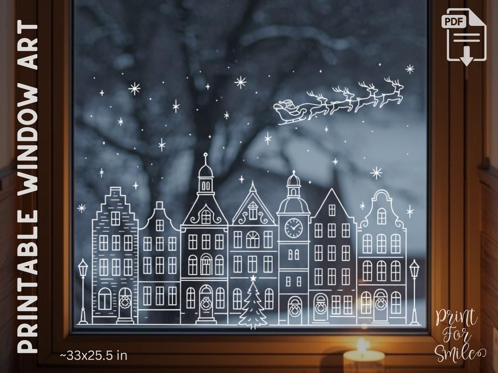 Christmas Village Scene Window Art Template – Santa Sleigh & Houses ...
