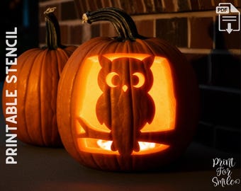 May include: Two carved pumpkins with an owl design, illuminated from within. The pumpkins are orange, with a dark stem. The text "PRINTABLE STENCIL" is on the left side of the image. The text "Print For Smile" is on the bottom right.