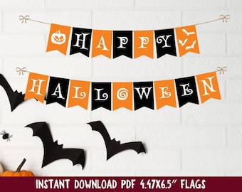 May include: A Halloween banner with orange and black pennants spelling "HAPPY HALLOWEEN". The banner includes a jack-o'-lantern, bats, and spider decorations. The flags are 4.47 x 6.5 inches.