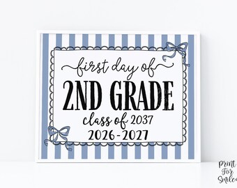Blue First Day Of 2nd Grade Sign Coquette PRINTABLE, Second Grade Girl Back To School Sign, 1st Day Photo Prop, Instant Download