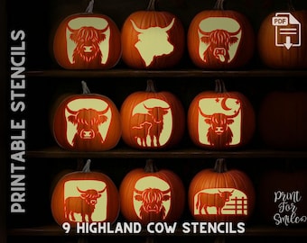 Highland Cow Pumpkin Carving Stencil Set, PRINTABLE Templates, Halloween Jack O’ Lantern