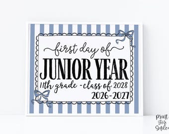 Blue First Day Of Junior Year Sign Coquette PRINTABLE, Back To School Sign, Girl Photo Prop Instant Download Bow, Class Of 2028, 11th Grade