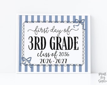 Blue First Day Of 3rd Grade Sign Coquette PRINTABLE, Third Grade Girl Back To School Sign, 1st Day Photo Prop, Cute Bow, Instant Download