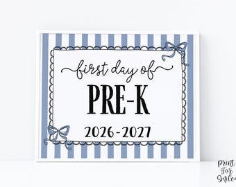 Blue First Day Of Pre-K Sign Coquette PRINTABLE, Girl Back To School Sign, 1st Day Photo Prop, Cute Bow PreK, Instant Download