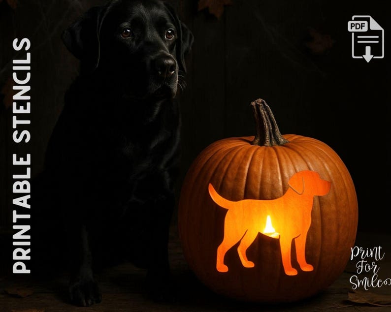 May include: A carved orange pumpkin with a dog silhouette, lit from within, sits beside a black Labrador. The pumpkin is a Halloween decoration. The words "Printable Stencils" are printed on the left side of the image.