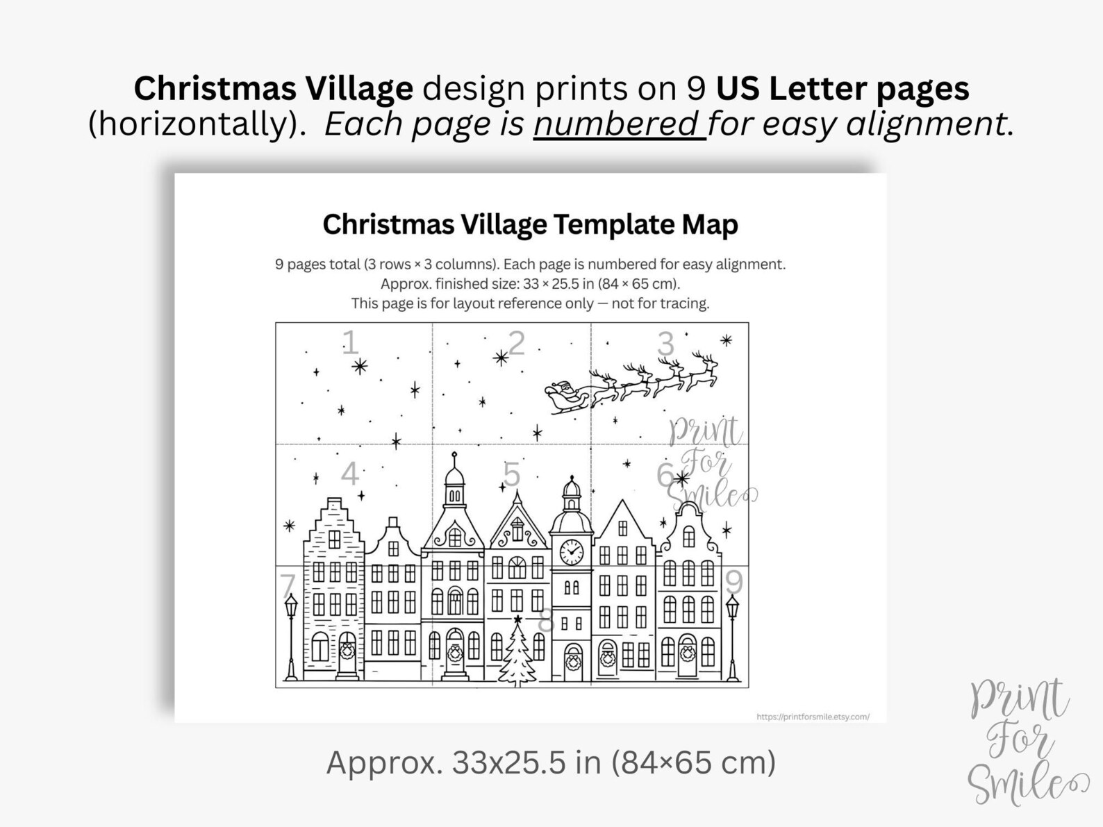 Christmas Village Scene Window Art Template – Santa Sleigh & Houses ...