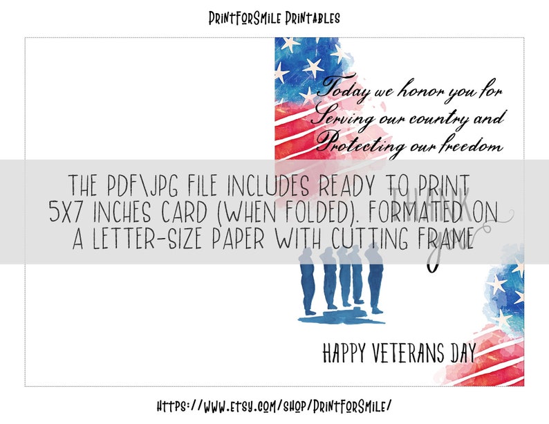 May include: A printable 12.7 x 17.8 cm Veterans Day card featuring a watercolour American flag design. The card includes the text "Today we honor you for Serving our country and Protecting our freedom" and "Happy Veterans Day".