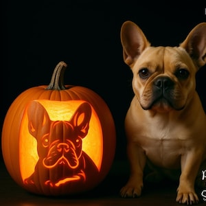May include: A carved pumpkin with a French Bulldog design, lit from within, next to a live French Bulldog. The pumpkin has a detailed carving of the dog's face. The dog is light brown with a black nose and is sitting on a dark surface. Text on the left says "PRINTABLE STENCIL".