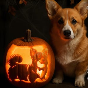 May include: An illuminated carved pumpkin featuring a corgi design, alongside a real corgi. The pumpkin is orange, and the dog is brown and white. The image includes the text "PRINTABLE STENCILS" and "Print For Smiles".