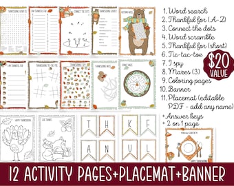 Thanksgiving Activities For Kids PRINTABLE Placemat Banner Word Search Scramble I Am Thankful For Coloring Page I Spy