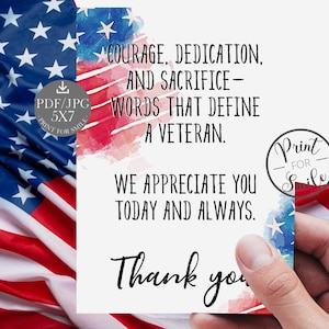 Thank You Veteran Card Veterans Day Card PRINTABLE Military Army Navy Marines Gift