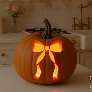 Peut inclure: Une citrouille orange avec un motif de nœud sculpté, éclairée de l'intérieur. La citrouille est posée sur une surface blanche, avec le texte "PRINTABLE STENCIL" sur le côté gauche. En arrière-plan, une cuisine avec une cuisinière et un évier.