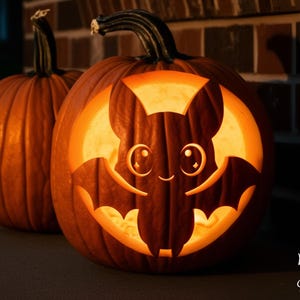 以下が含まれることがあります： ハロウィーンをテーマにした2つの彫刻されたカボチャ。前面のカボチャにはコウモリのデザインが彫られており、内部が照らされています。テキスト「Printable Stencil」は画像左側にあります。