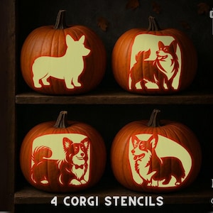 May include: Four orange pumpkins with carved Corgi dog designs. The pumpkins are displayed on a wooden shelf. The text "PRINTABLE STENCILS" is on the left, and "4 CORGI STENCILS" is at the bottom.