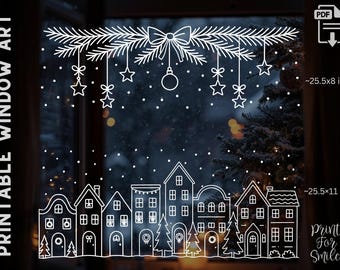 Cozy Winter Window Art Template – Christmas Village & Pine Swag Chalk Marker Design, Holiday Printable Decor PDF