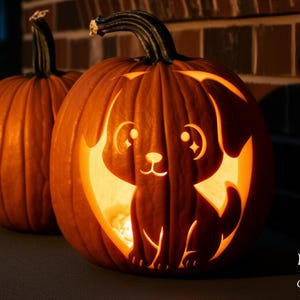 May include: Two carved pumpkins with a dog design, lit from within. The pumpkins are orange with dark green stems. The text "PRINTABLE STENCIL" is on the left side of the image. The right pumpkin has a carved dog design.