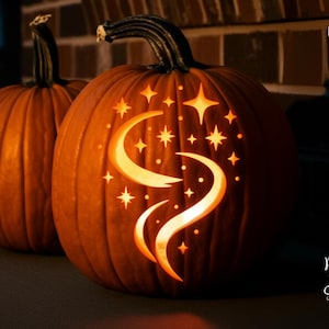 May include: Two orange pumpkins with carved designs. One pumpkin features a crescent moon and star pattern. The text "PRINTABLE STENCIL" is on the left side. The text "Print For Smiles" is on the bottom right.