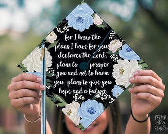 Utskrivbar examensmössa, för jag vet de planer jag har för dig, examensdekoration, sjuksköterska, lärare, flicka, blå blommig, Jeremia 29:11
