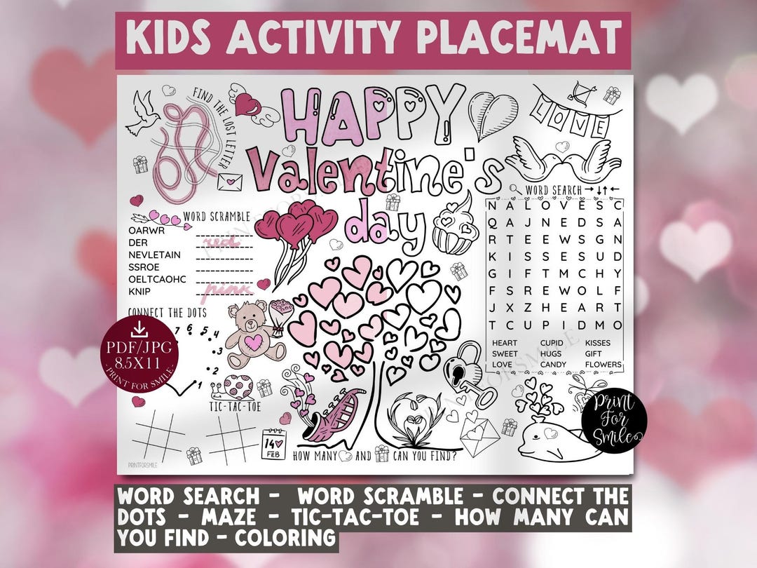 Valentines Day Placemat PRINTABLE Kids Activity Page Coloring Party - Etsy