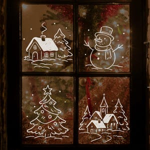 May include: Printable window art featuring white line drawings of a house, snowman, Christmas tree, and church on a dark background. The text "PRINTABLE WINDOW ART" is on the left side. Each design is approximately 6.5-8.5 inches in height.