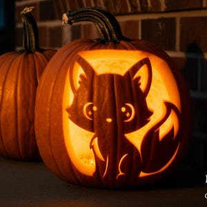 May include: Two carved pumpkins with a fox design, lit from within. The pumpkins are orange with dark green stems. The text "PRINTABLE STENCIL" is on the left side of the image. The text "Print For Smile" is on the bottom right.