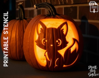 May include: Two carved pumpkins with a fox design, illuminated from within. The pumpkins are orange with dark green stems. The text "PRINTABLE STENCIL" is on the left side of the image. The text "Print For Smile" is on the bottom right.