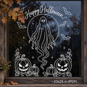 Mall för fönsterkonst med krita till Halloween | Läskig penna med spökfönsterteckning | Utskrivbar kalkeringsdekor med pumpa och Jack O'Lantern i PDF-format