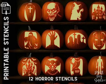 May include: A collection of carved pumpkins with various Halloween-themed designs, including a cross, a zombie face, a witch, a haunted house, a ghost, a hand reaching up, a graveyard, a mask, a clown, an owl, and a silhouette. The text "12 HORROR STENCILS" is visible.
