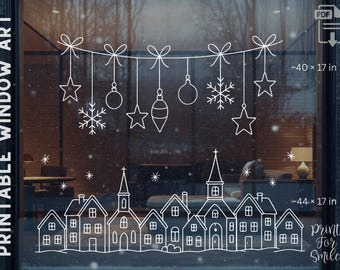 Large Christmas Village Window Art Template – Chalk Marker Printable Holiday House Decor, Winter Swag Scene, Instant Download PDF