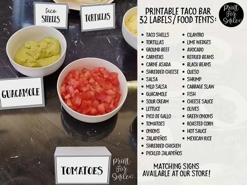 Taco Label Example PRINTABLE Taco Bar Labels, Taco Food Tent Cards, Graduation Taco Bar ...