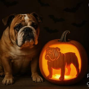 May include: A brown and white bulldog sits next to a carved pumpkin with a bulldog silhouette. The pumpkin is lit from within, creating a warm glow. The words "PRINTABLE STENCIL" are printed vertically on the left side of the image.