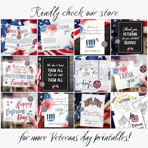 May include: A collage of printable cards and coloring pages for Veterans Day. The cards feature patriotic themes and messages of gratitude for veterans. The coloring pages include images of soldiers, flags, and other patriotic symbols. The text on the cards includes "Thank you", "Happy Veterans Day", and "Protecting our Freedom".