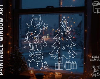 Schneemann & Weihnachtsbaum Fenster Kunst Vorlage - Große Türschablone, druckbare Türkreide Dekoration, Sofort Download PDF, je 17 x 33 cm