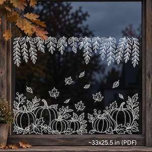 May include: A white line art window decal featuring a top border of hanging leaves, a bottom arrangement of pumpkins and foliage, and scattered falling leaves. The text PRINTABLE WINDOW ART and ~83.8x64.8 cm (PDF) are visible on the image.