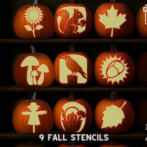 May include: A digital collection of 9 printable fall stencils featuring carved pumpkin designs including a sunflower, squirrel, maple leaf, mushrooms, raven, acorn, scarecrow, harvest basket, and leaf. The text reads PRINTABLE STENCILS.
