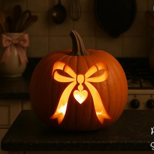 May include: A carved orange pumpkin featuring a glowing cutout design of a decorative bow with a heart-shaped charm hanging from the center. The pumpkin has a brown stem and is illuminated from within, casting a warm light through the stencil pattern.