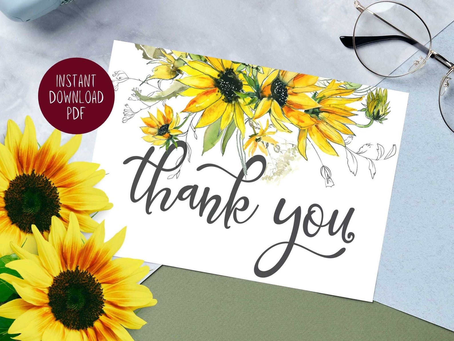 Sunflower Thank You Cards PRINTABLE Thank You Card Baby Shower Etsy