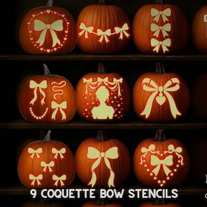 May include: Nine orange pumpkins with various white bow designs, including heart and dot patterns. The text "PRINTABLE STENCILS" is on the left, and "9 COQUETTE BOW STENCILS" is at the bottom. A PDF icon is visible.