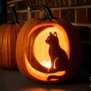 May include: Two orange pumpkins, one with a carved cat silhouette inside a crescent moon shape. The other pumpkin is in the background. The words "PRINTABLE STENCIL" are on the left side of the image.