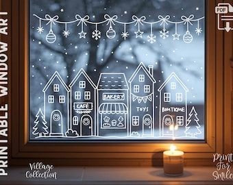 Christmas Village Window Art Template – Café & Bakery Shops | Printable Chalk Marker Design with Swag | PDF
