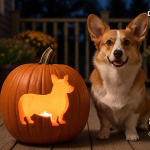 May include: A carved pumpkin with a corgi silhouette illuminated by a candle sits next to a corgi dog. The pumpkin is orange, and the dog has a white and brown coat. The words "PRINTABLE STENCILS" are printed vertically on the left side of the image.