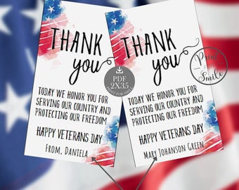 May include: Two white cards with patriotic watercolor accents of red, white, and blue. The cards read "THANK YOU" in elegant script, with text below honoring veterans. The cards are for Veterans Day and are editable.