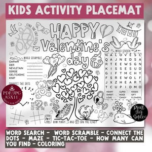 Valentines Day Placemat PRINTABLE Kids Activity Page Coloring Party - Etsy
