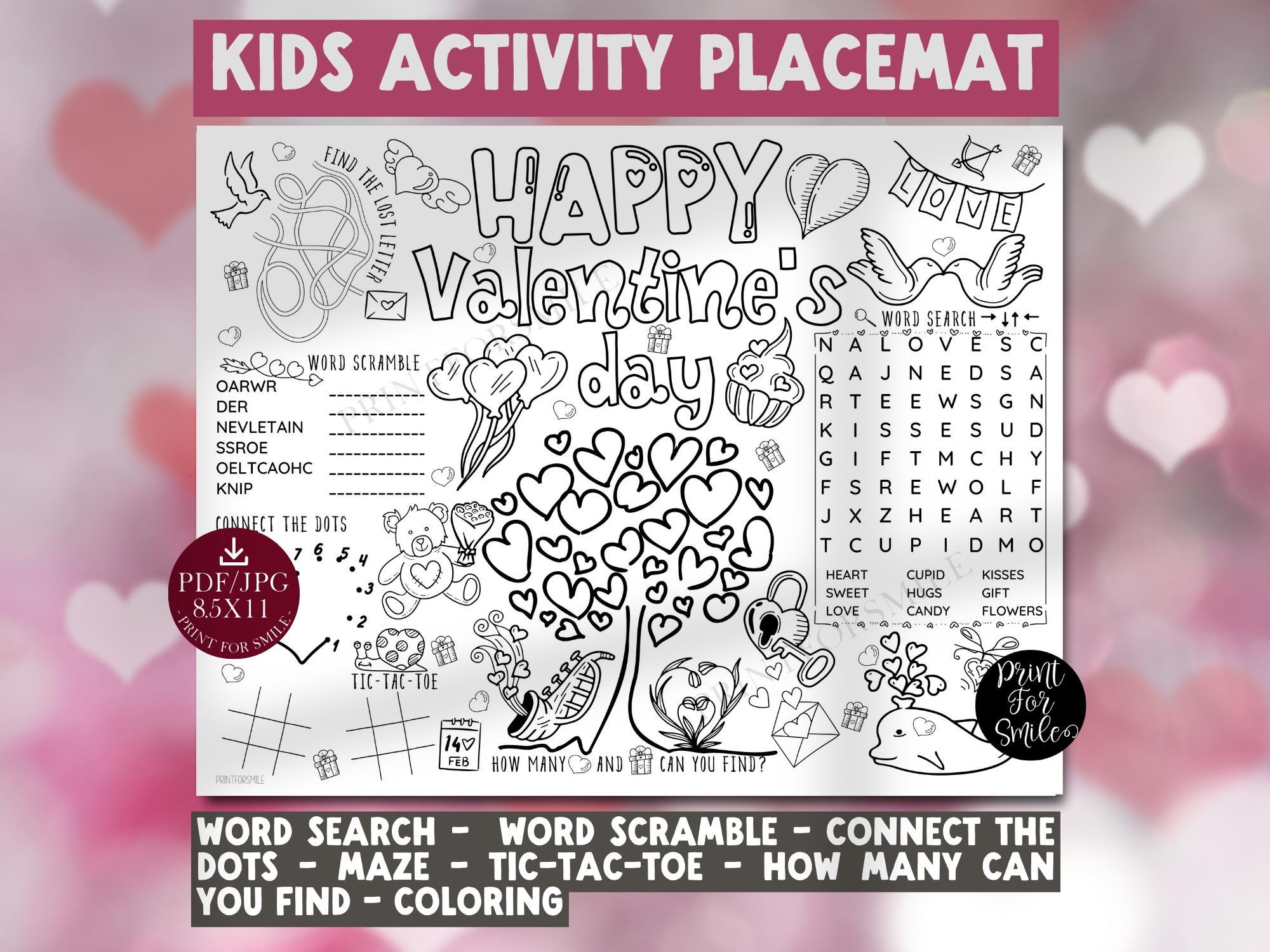 Valentines Day Placemat PRINTABLE Kids Activity Page Coloring Party - Etsy