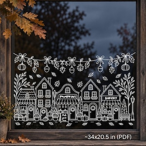 Könnte beinhalten: Ein weißer Linienkunst-Fensteraufkleber mit einer herbstlichen Dorfszene, Häusern, einer Bäckerei und einem Kürbisladen. Das Design zeigt hängende Girlanden aus Blättern, Eicheln und Kürbissen sowie den Text PUMPKINS, BAKERY und Pick your own.