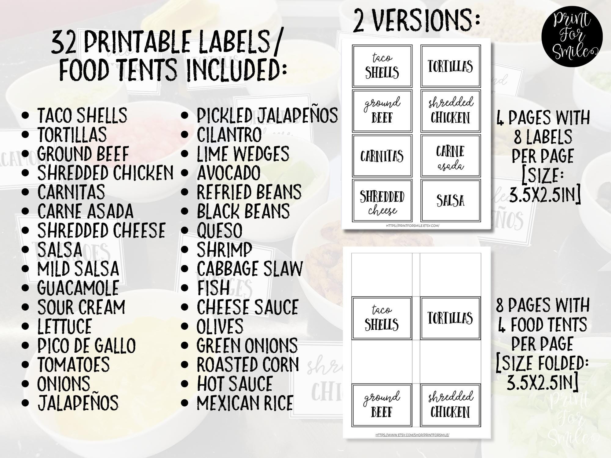 Taco Label Example PRINTABLE Taco Bar Labels, Taco Food Tent Cards, Graduation Taco Bar ...