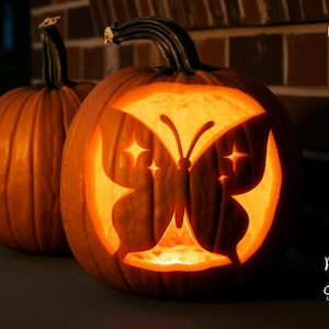 May include: Two carved pumpkins with a butterfly design and star accents, illuminated from within. The pumpkins are orange and have dark green stems. The words "PRINTABLE STENCIL" are printed vertically on the left side.