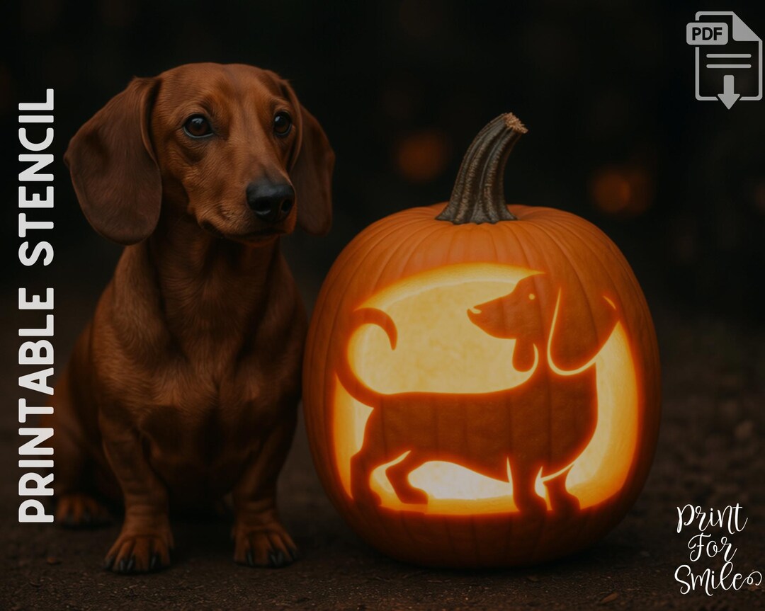 Dachshund Pumpkin Carving Stencil, Dog Pumpkin Stencil, Printable