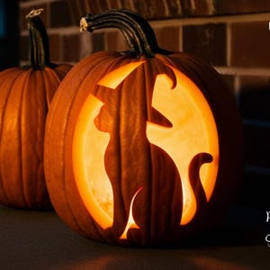 May include: Two carved orange pumpkins with a cat silhouette design, illuminated from within. The pumpkins are lit with a warm glow, creating a festive Halloween atmosphere. The words "PRINTABLE STENCIL" are printed vertically on the left side.