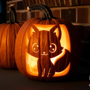 Cute kitten pompoen snijwerk stencilsjabloon | Afdrukbaar Halloween-patroon voor kinderen | Eenvoudig kattenontwerp